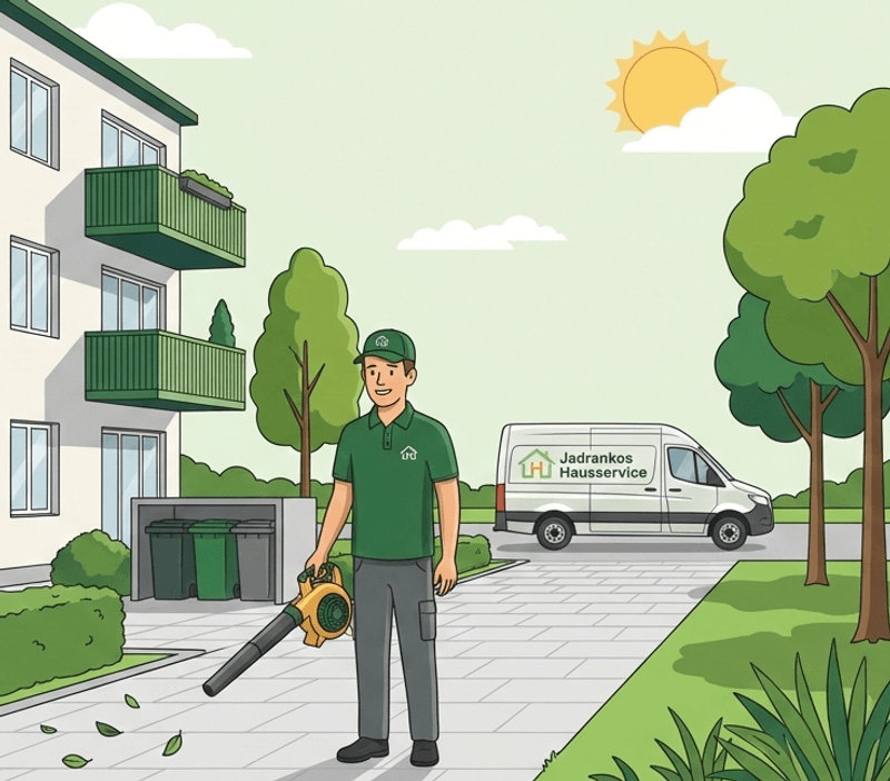 Hausmeisterservice M&uuml;nchen – Hausmeister mit Laubbl&auml;ser vor Mehrfamilienhaus und Servicefahrzeug